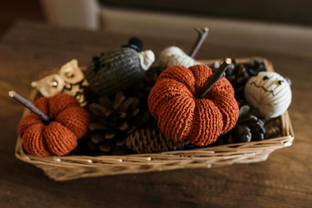 Seasonal knitted decorations including pumpkins and snowflakes